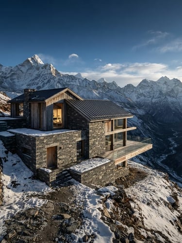 Wide-angle architectural elevation of a modern stone and timber house nestled on a steep snowy Himalayan slope, low-angle alpine sunlight casting deep shadows, slate gray tones.