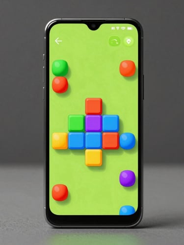 Direct front-facing modern Android device mockup displaying a vibrant casual puzzle game with colorful rounded blocks, soft studio lighting, neon green accents.