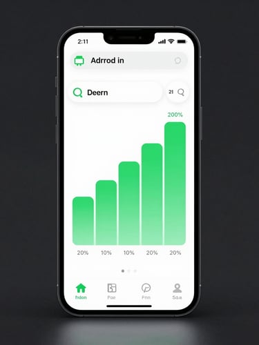 Front-facing high-fidelity Android device mockup showcasing a clean utility app interface with bright green charts, soft studio lighting, dark background, tight framing