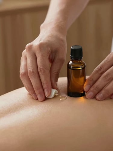 Hands gently applying essential oils to a back during a therapy session, soft lighting, minimalist wooden background