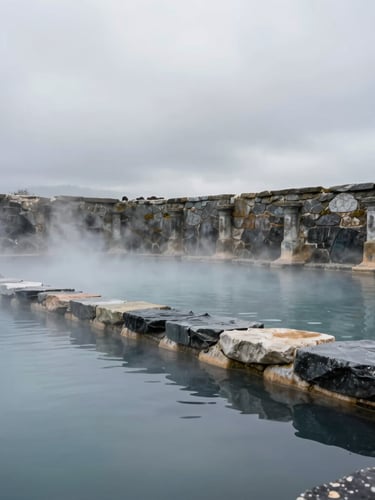 Wide atmospheric shot of an ancient stone thermal bath in Galicia, soft mist rising from the water, overcast gray daylight, minimalist composition.