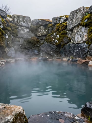 Atmospheric view of an outdoor stone thermal pool in Galicia, soft mist rising from the water, ancient mossy granite walls, overcast morning light, serene and empty.