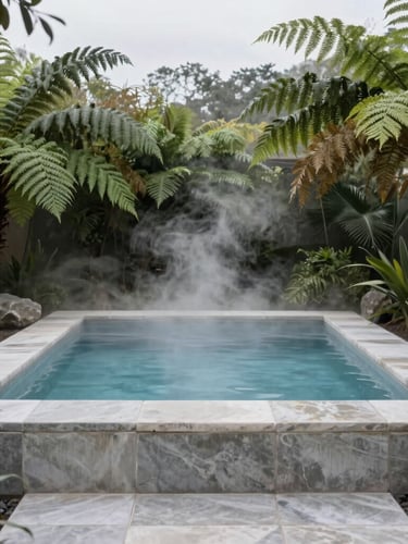 A minimalist stone thermal pool surrounded by damp green ferns and rising steam, soft overcast daylight, editorial framing, vertical composition