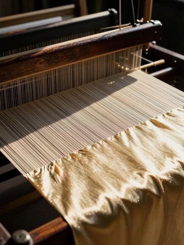 Extreme close-up portrait of heavy champagne gold silk fabric being woven on a dark wooden loom, high contrast studio lighting, deep shadows, 35mm