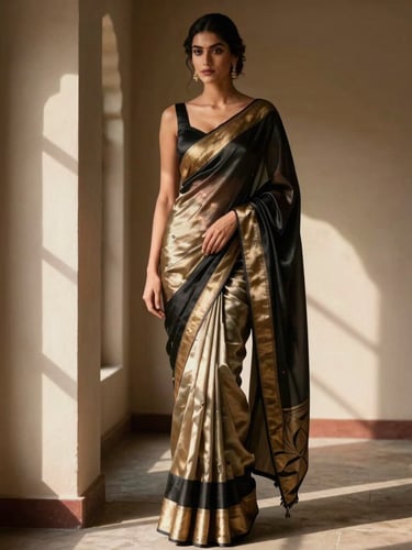 High-end editorial fashion photography of a model in an architectural pose wearing a black and champagne gold silk saree, dramatic side-lit window daylight, deep shadows, 35mm