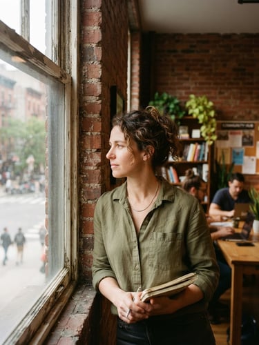 Warm editorial portrait of a community organizer looking thoughtfully out of a large window in a brick-walled cooperative office, soft natural daylight, 35mm film aesthetic