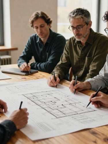 A warm environmental photograph of community leaders collaborating around a large wooden table covered in architectural plans, daylight streaming through large windows, 35mm film aesthetic.