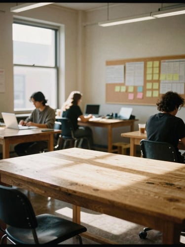 Warm natural daylight streaming into a Montreal collaborative workshop space, wooden tables, planning boards with sticky notes, candid atmosphere, 35mm film aesthetic.