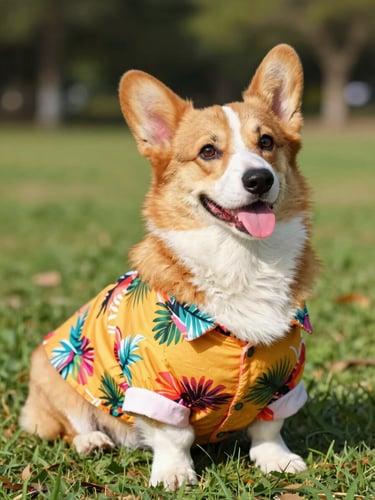 Bright natural pet photography of a happy corgi wearing a vibrant tropical print shirt sitting in a sunny park, candid 35mm