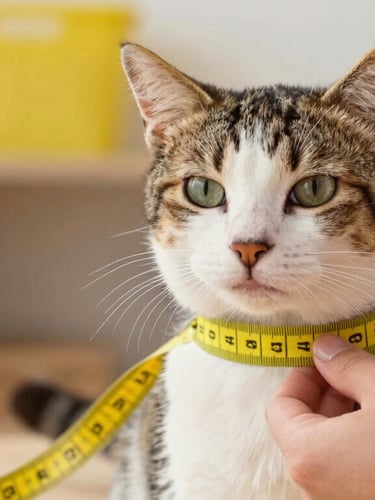 Close-up of hands gently measuring a calm cat's chest with a yellow tape measure, soft natural light, warm workshop background in Celaya