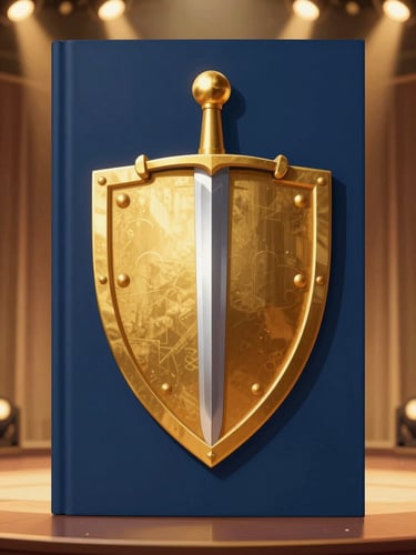 A book cover with a majestic golden shield and sword, royal navy background with warm stage lighting