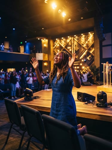 Expressive and passionate prayer in a modern sanctuary, warm dramatic golden stage lighting reflecting off golden accents, wide-angle editorial photography