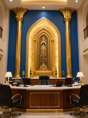 Vibrant editorial photography of a modern church administrative office in Dubai, warm dramatic lighting, gold accents, professional and welcoming atmosphere.