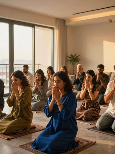Vibrant portrait of community members praying together in a warm home cell setting, expressive faces, soft golden-hour window light, modern Dubai apartment interior, rich editorial depth.