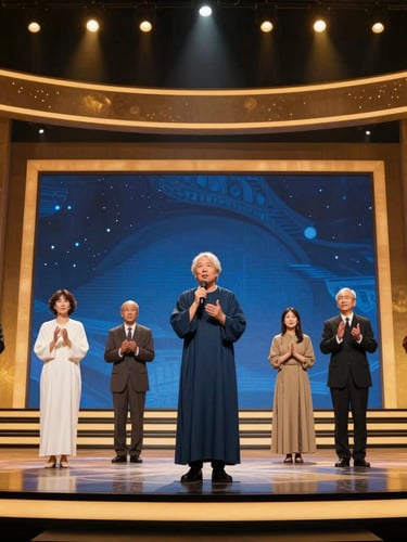Prophetic leaders speaking with authority on a modern stage, warm dramatic stage lighting, rich gold accents, wide-angle capture