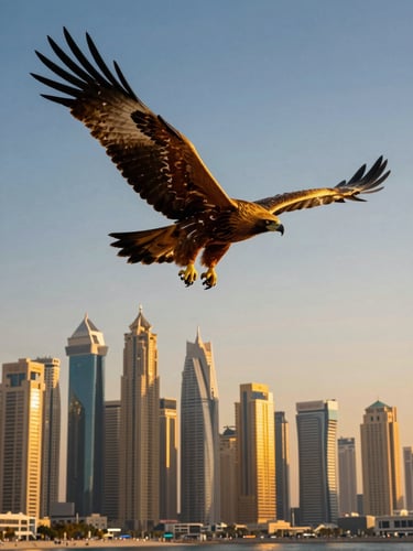 A book cover showing a golden eagle in flight over the Dubai marina skyline at golden hour, wide-angle lens