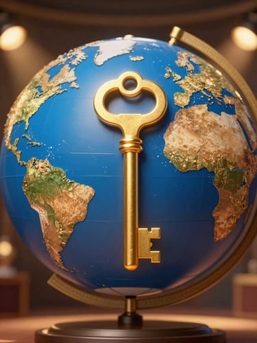 A book cover featuring a glowing golden key over a deep blue globe, vibrant editorial photography with warm light