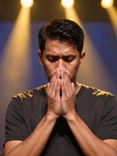 Warm medium close-up of an international guest praying with deep emotion, dramatic golden stage lighting casting a soft glow, professional editorial photography.