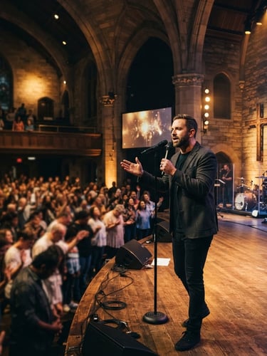 Dynamic wide-angle shot of a worship leader speaking with authority on a stage bathed in warm golden light, large crowd in soft focus, majestic church atmosphere.