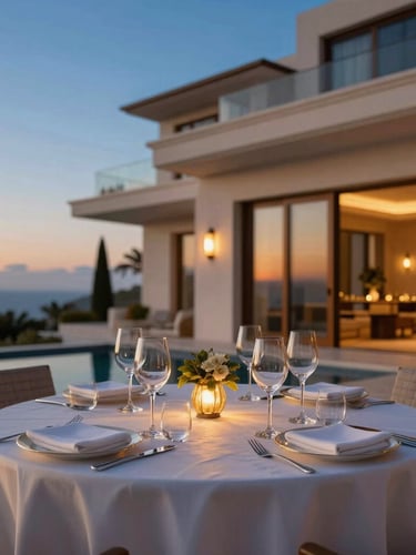 Close-up of a bespoke dining setup in a luxury villa, soft evening light, high-contrast detail shot, 35mm, warm editorial photography, golden-hour and twilight lighting