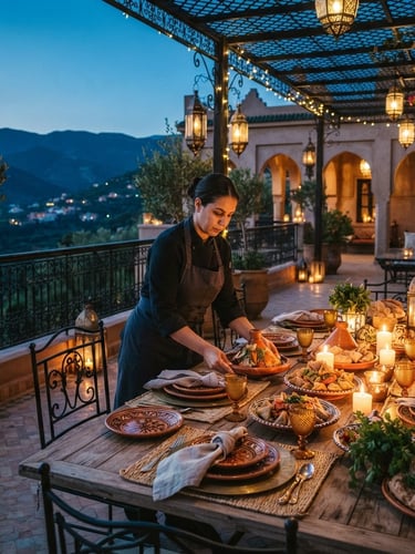 A private chef meticulously arranging a gourmet Moroccan dinner on a candlelit villa terrace at twilight, elegant place settings, soft golden light, wide architectural angle, 35mm.