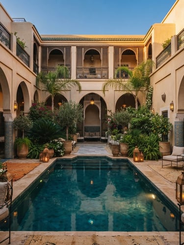 Wide architectural shot of a luxurious riad courtyard with a private pool at golden hour, soft light, lush greenery, no people, minimalist Moroccan design, 35mm