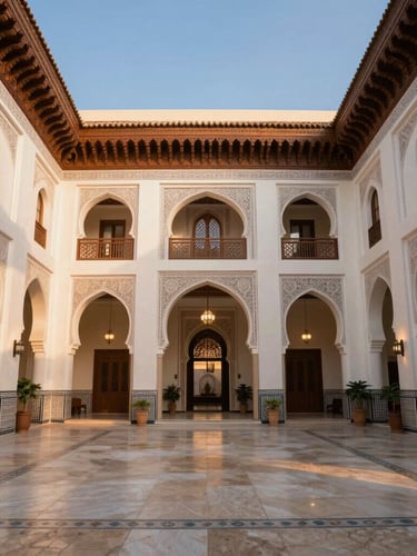 Wide architectural shot of a luxurious Marrakech villa interior, featuring a grand, empty living space with high ceilings and traditional Moroccan details, bathed in soft morning light, focus on elegant design and privacy, 35mm.