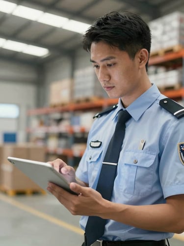 Medium-close shot of a disciplined compliance officer reviewing digital records on a tablet in a bright industrial warehouse, sharp focus, clean branded uniform, natural light.