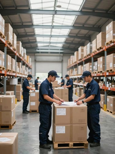 Wide environmental shot of disciplined logistics workers in clean, matching navy uniforms organizing a modern warehouse under bright, natural skylight.