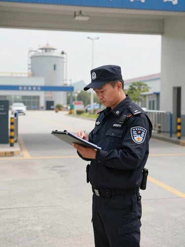 A disciplined security supervisor in a sharp navy uniform checking a digital logbook at an industrial plant entrance, clean daylight, wide environmental shot showing order.