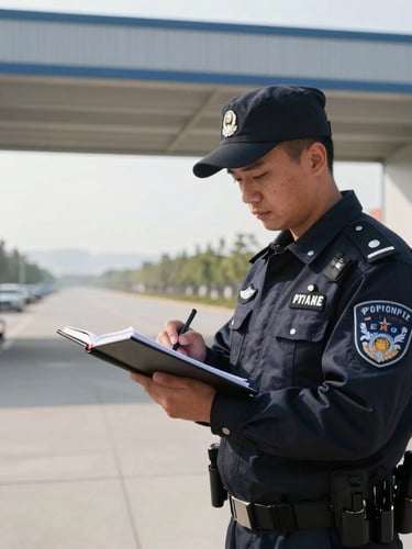 Wide environmental photograph of a disciplined security officer in a crisp navy blue uniform conducting a security logbook check at a modern logistics facility gate, bright natural morning daylight.