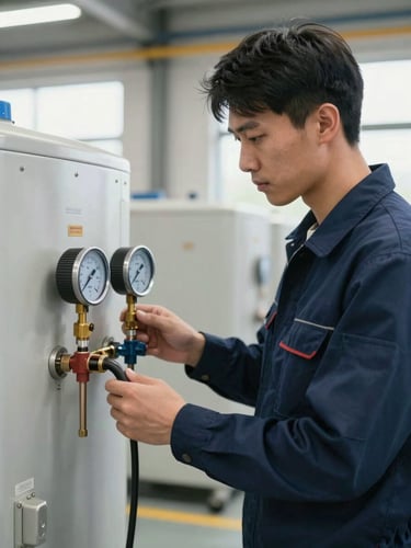 A medium-close shot of a disciplined technician in a clean, dark blue uniform measuring pressure on an industrial HVAC unit with analog gauges, bright natural warehouse lighting, sharp focus.
