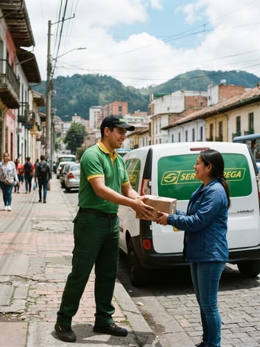 Official Servientrega delivery truck parked on a bright street in Bogotá, professional courier in green uniform handing a package, natural daylight, sharp focus, 35mm
