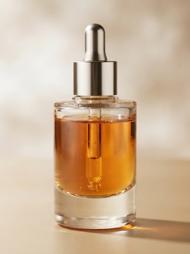 Macro studio photography of a heavy glass serum bottle, amber liquid visible, reflecting soft directional light against a warm champagne background, elegant shadows, premium beauty editorial style.
