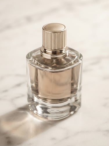 Macro studio shot of a heavy glass bottle on white marble, warm champagne gold light casting soft shadows, premium editorial beauty style