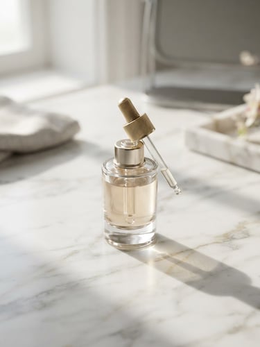 A heavy glass bottle with gold dropper on a white marble vanity, soft morning light casting long elegant shadows, premium editorial beauty photography, soft directional studio lighting, clean white and champagne gold tones