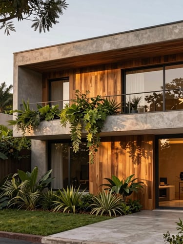 Warm editorial photography of a contemporary house facade in Bela Vista, lush green vegetation integrated with concrete and warm wood panels, evening light