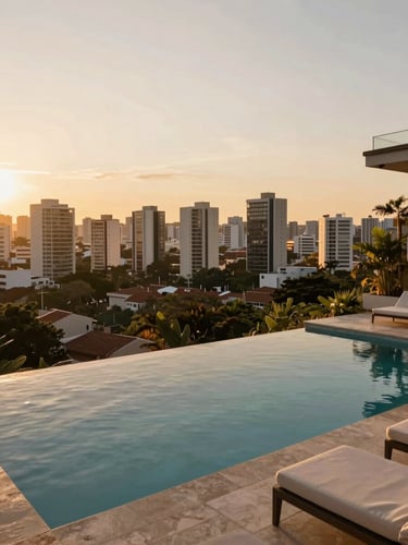 Warm editorial photography of a luxury penthouse terrace in Petrópolis, private pool, wide view over Porto Alegre skyline, soft sunset light