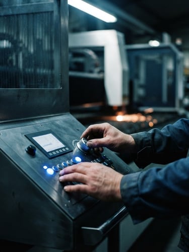 Industrial editorial photography of a CNC fiber laser control panel, glowing blue indicators, hands of a specialist calibrating settings, sharp focus, 35mm