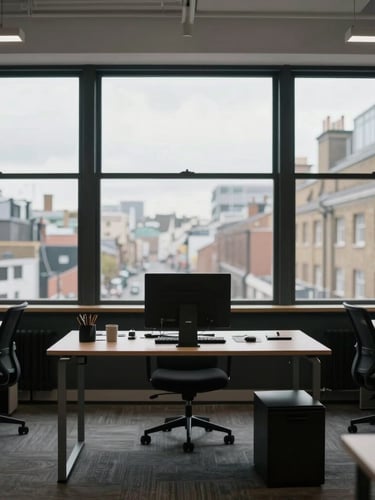 Straight-on eye-level view of a clean, organized London commercial workspace with large windows showing overcast daylight, minimalist desk setup.