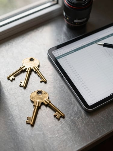 Top-down flat lay of brass keys on a clean steel desk next to a modern tablet displaying a structured spreadsheet, cool overcast window light.
