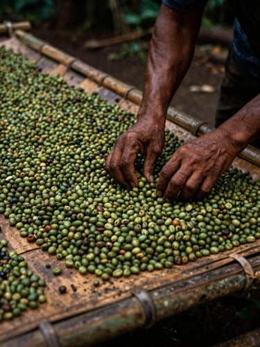 Hands of an Indonesian farmer sorting sun-drying green coffee beans on a traditional bamboo mat, low-key natural light, rich earth textures.