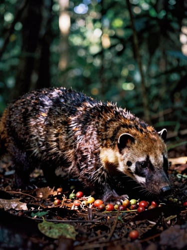 Moody close-up of wild civet coffee cherries resting on the forest floor, dappled golden sunlight filtering through a dense Indonesian rainforest canopy, rich dark earth tones, 35mm film grain.