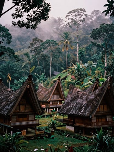 Moody 35mm film shot of misty South Sulawesi highlands, traditional Torajan ancestral houses with curved roofs visible under a canopy of forest trees, low-key natural light.