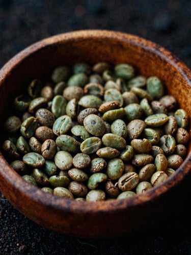 Moody close-up of wild-foraged green coffee beans in a weathered wood bowl, low-key natural light, 35mm film grain, volcanic soil textures.