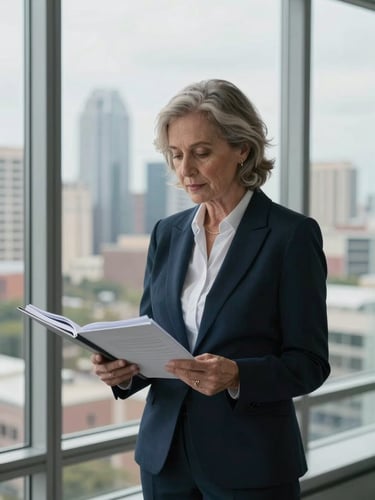 Medium shot of a senior female business professional in her early fifties standing at a floor-to-ceiling window in a professional office, looking down at an open folder of documents, overcast Austin skyline softly out of focus behind her, natural diffused window light, calm and composed