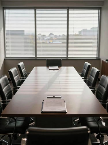 Wide environmental shot of an empty Austin business conference room, a long rectangular table with leather chairs, late afternoon light cutting through horizontal blinds casting parallel shadow lines across the table surface, documents and a closed folder at the far end, overcast exterior light through the window wall