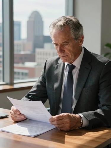 Medium shot of a senior male business professional in his late fifties seated at a wooden desk, reviewing a printed document with both hands resting on the page, natural window light from the left casting soft shadows, an Austin cityscape visible through the glass behind him, overcast daylight