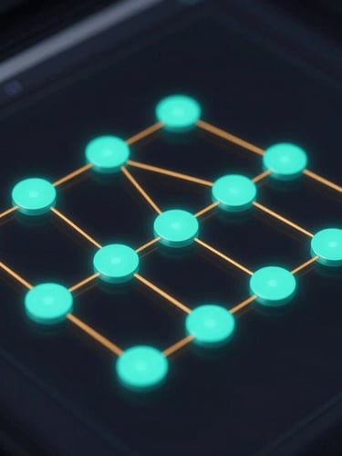 A clean node-based architecture diagram of a multi-agent workflow, glowing neon-cyan nodes connected by amber lines on a dark obsidian background, sharp technical schematic style.
