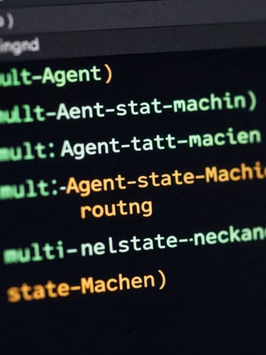 A high-contrast terminal screen showing running Python code for multi-agent state-machine routing, neon cyan and amber syntax highlighting, dark mode UI, macro lens, shallow depth of field.